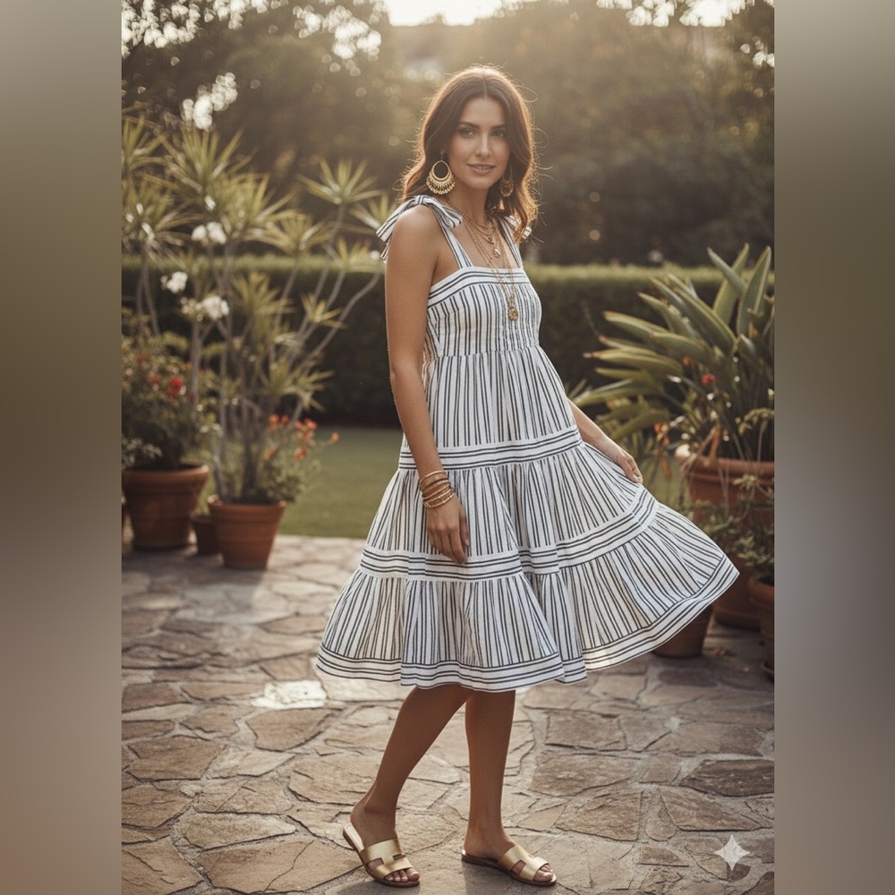Ellen Tracy Black & White Striped 100% cotton Midi Dress Large